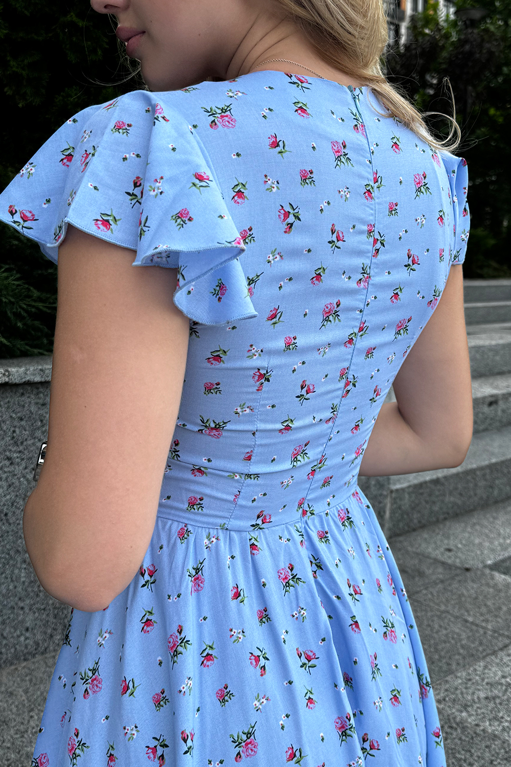 Light blue fitted dress with cap sleeves