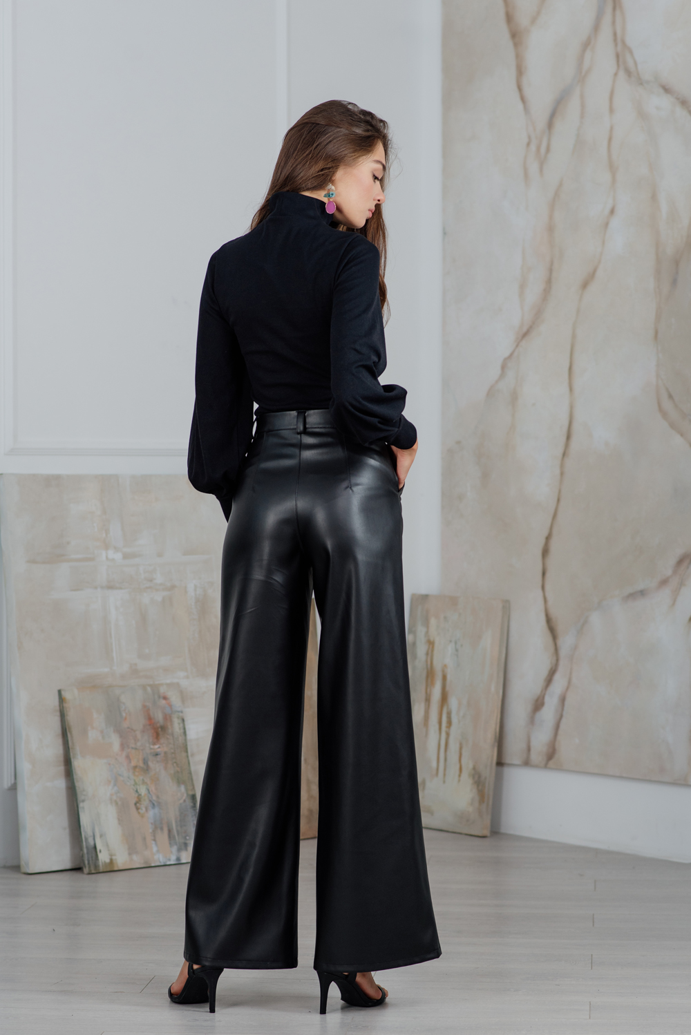 Black eco leather palazzo pants