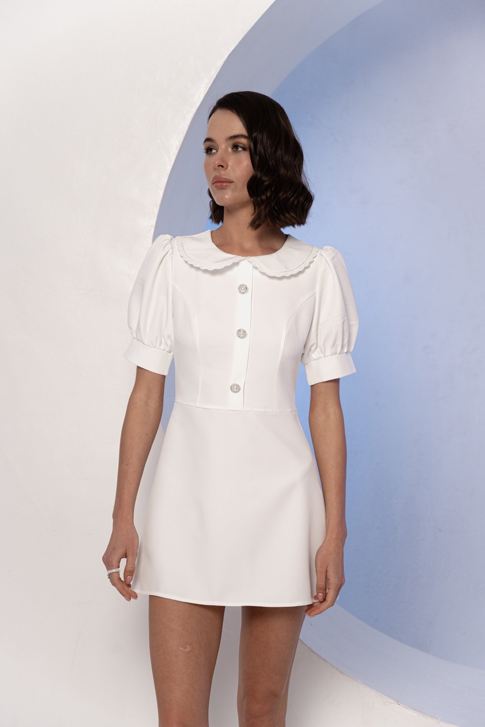 Milky fitted mini dress with a-line skirt