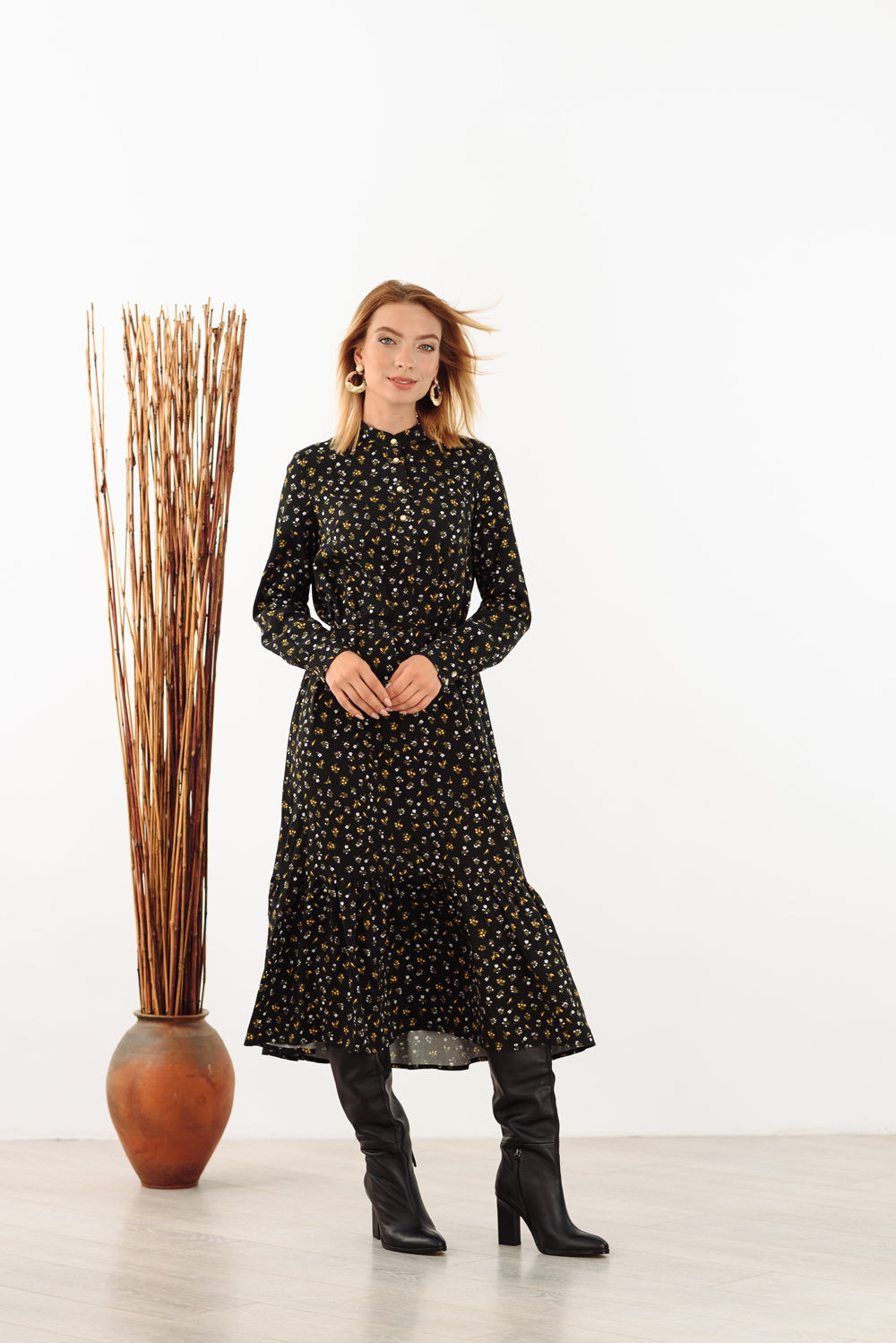 Black long dress in floral print