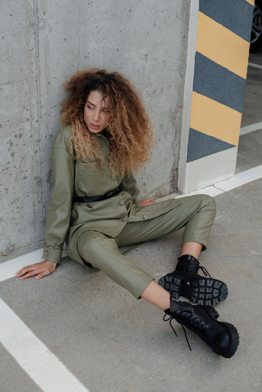 Olive eco leather trousers with arrows