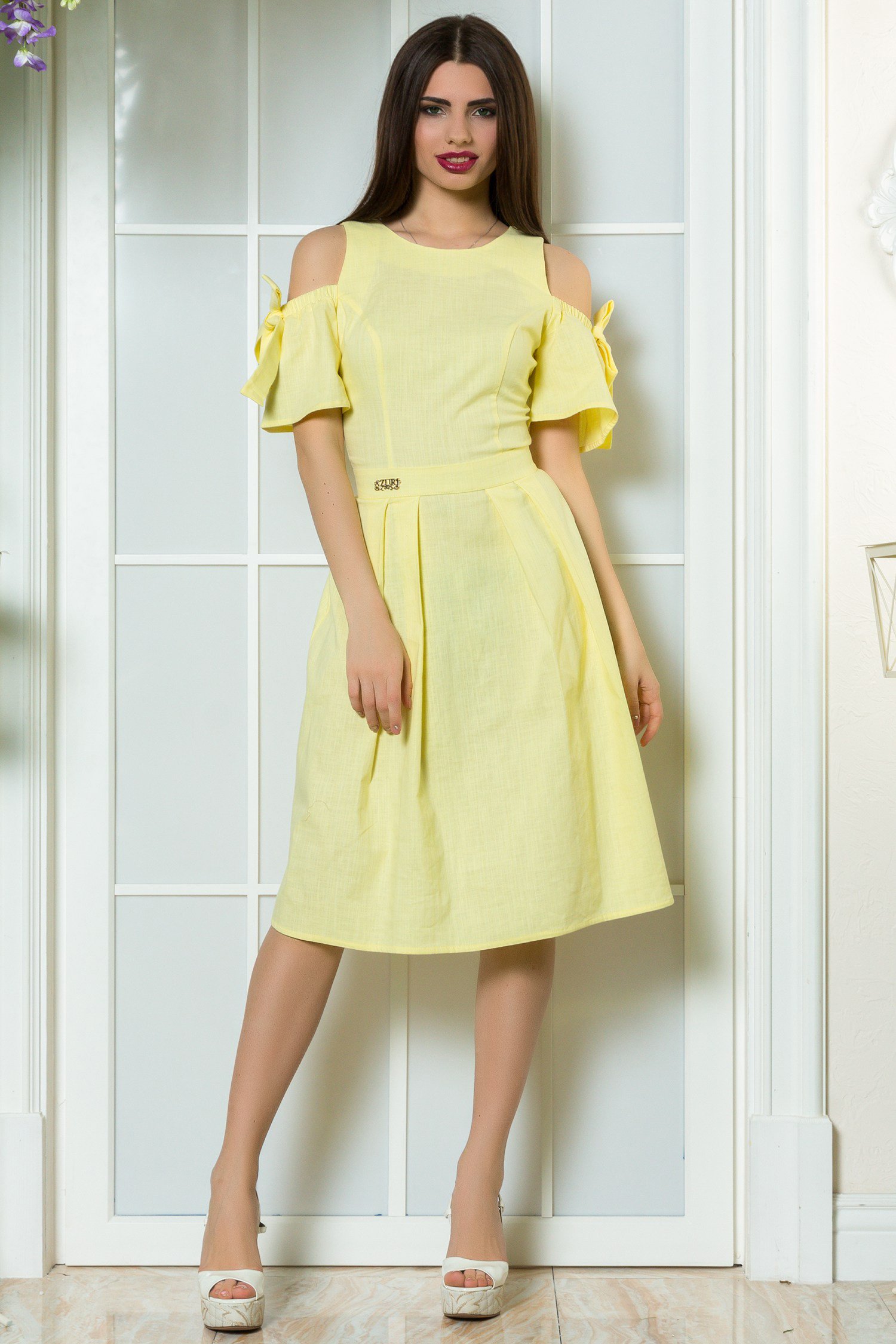 Yellow linen dress with bare shoulders
