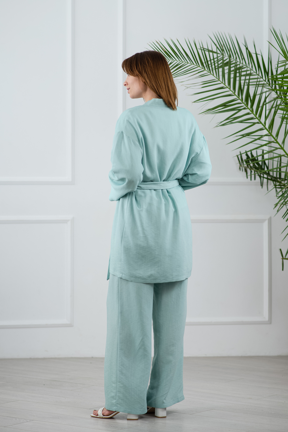 Mint kimono suit with flared trousers