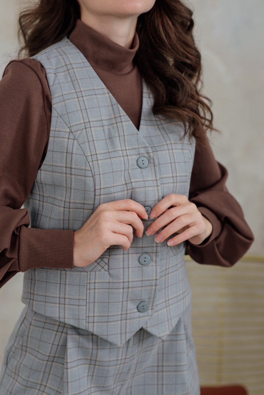 Gray check vest with buttons