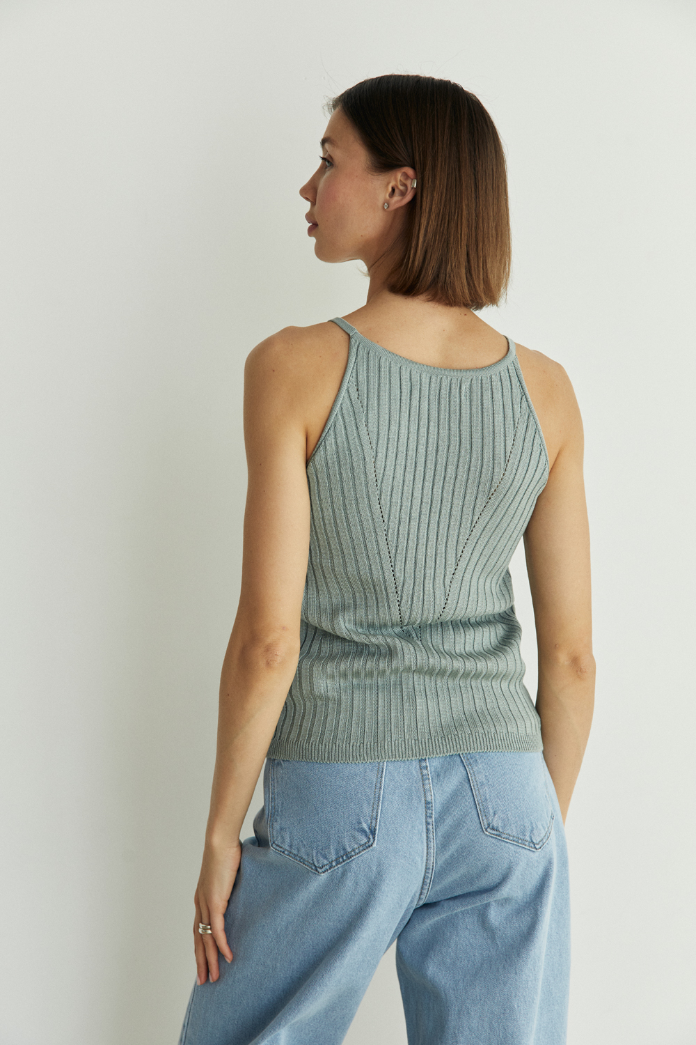 Olive knitted summer tank top with thin straps