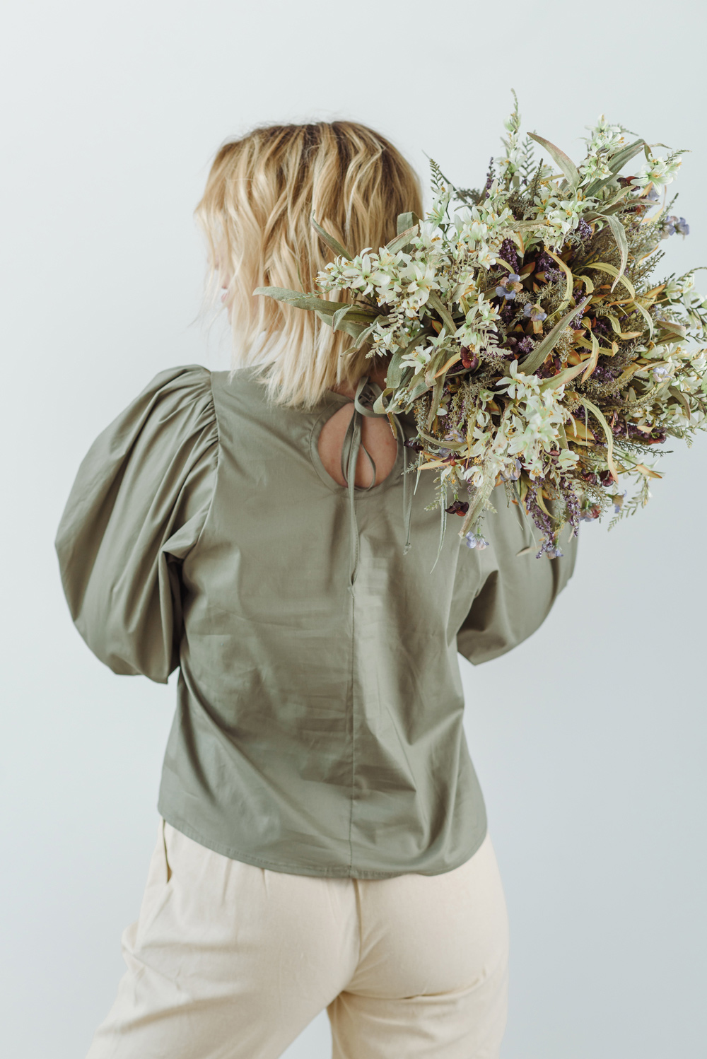 Puff Shoulder Khaki Blouse