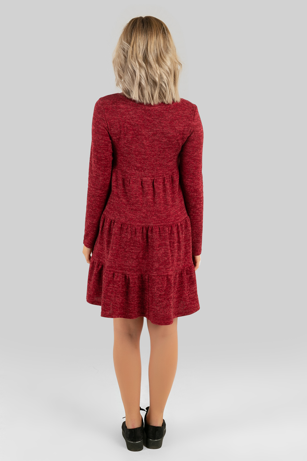 Knit dress with angora ruffles in burgundy colour