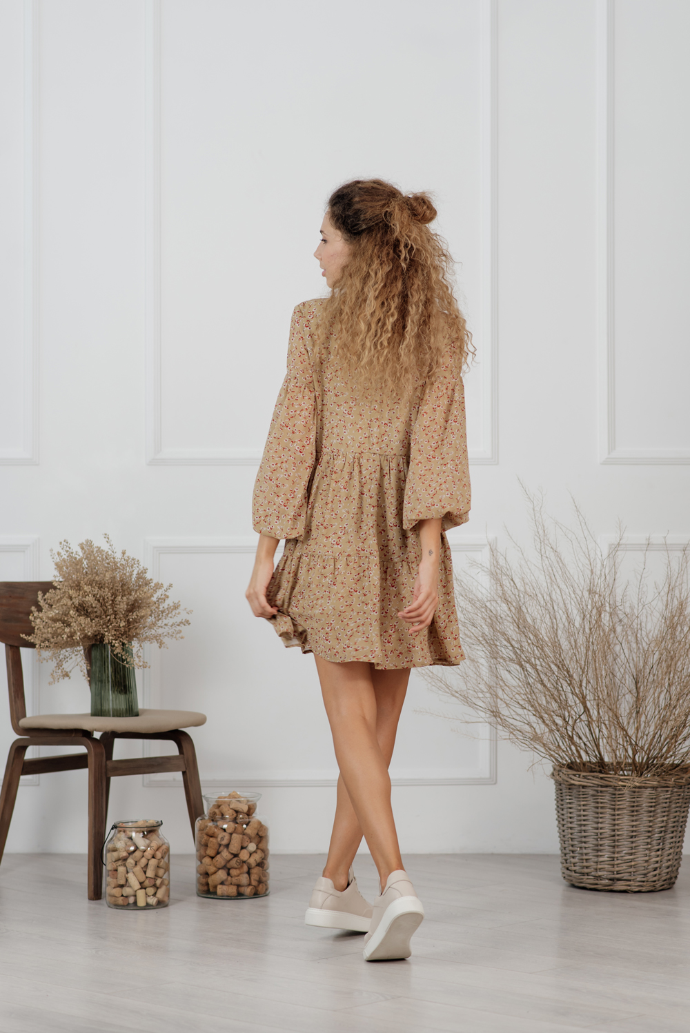 Beige chiffon mini dress