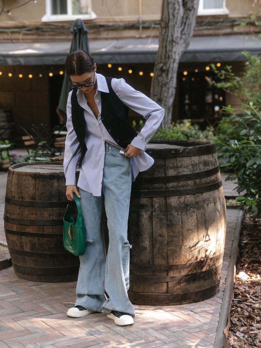 Wide leg jeans with slit at knee