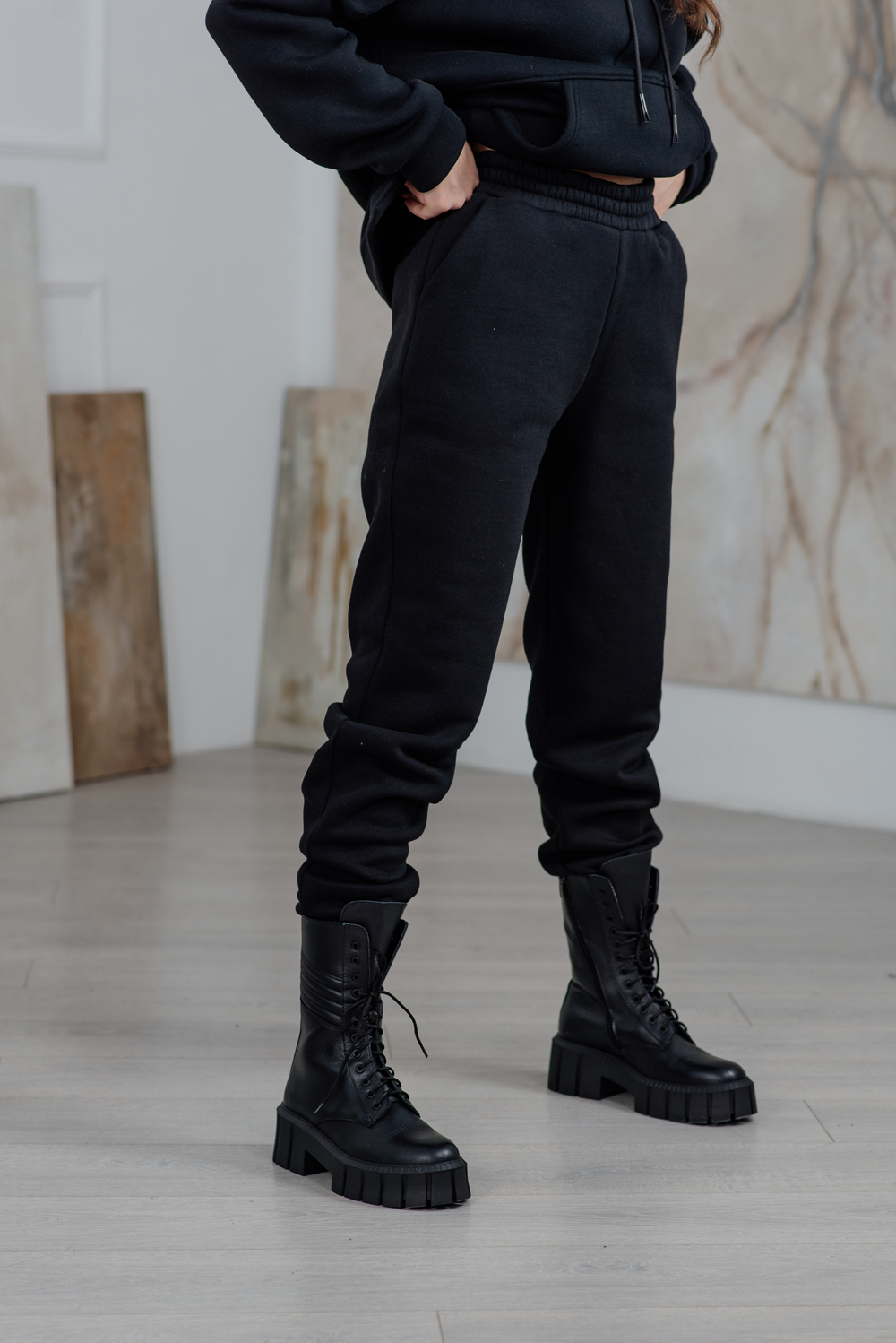 Black track pants with elastic band