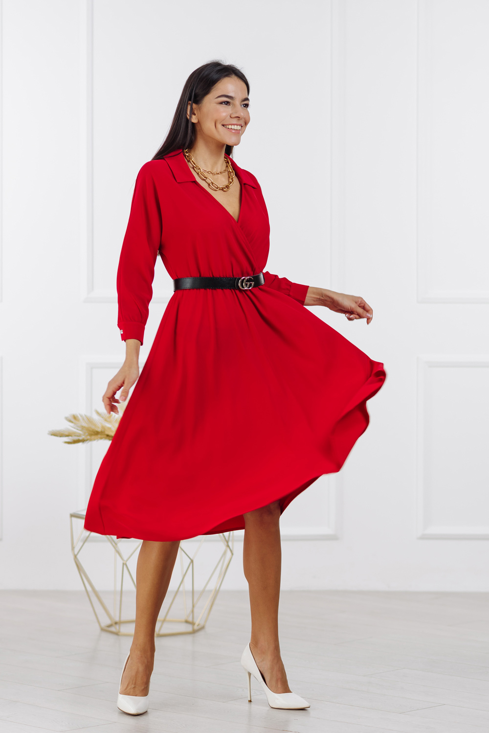 Red V-neck midi dress 