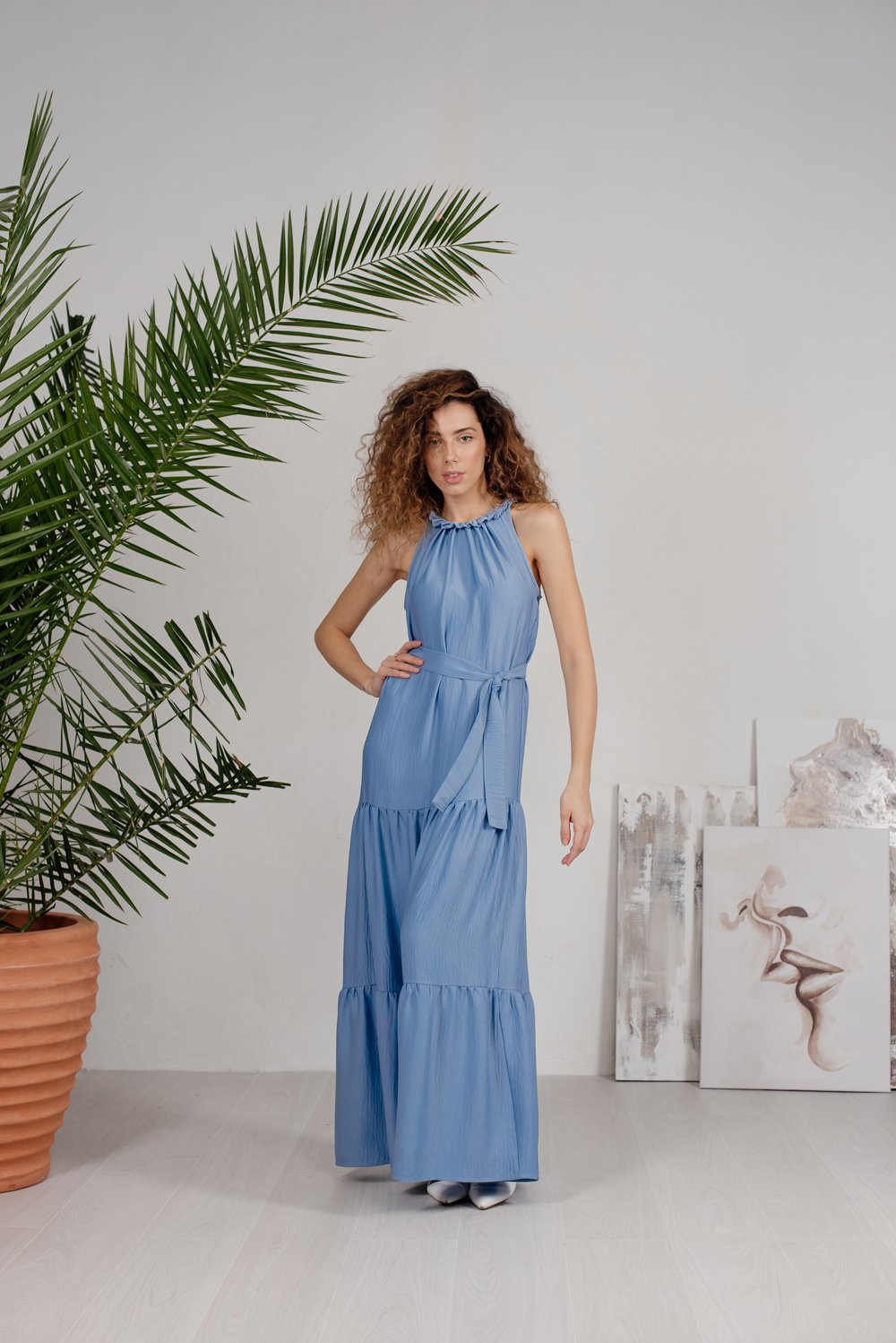 Blue tiered floor-length dress with ties