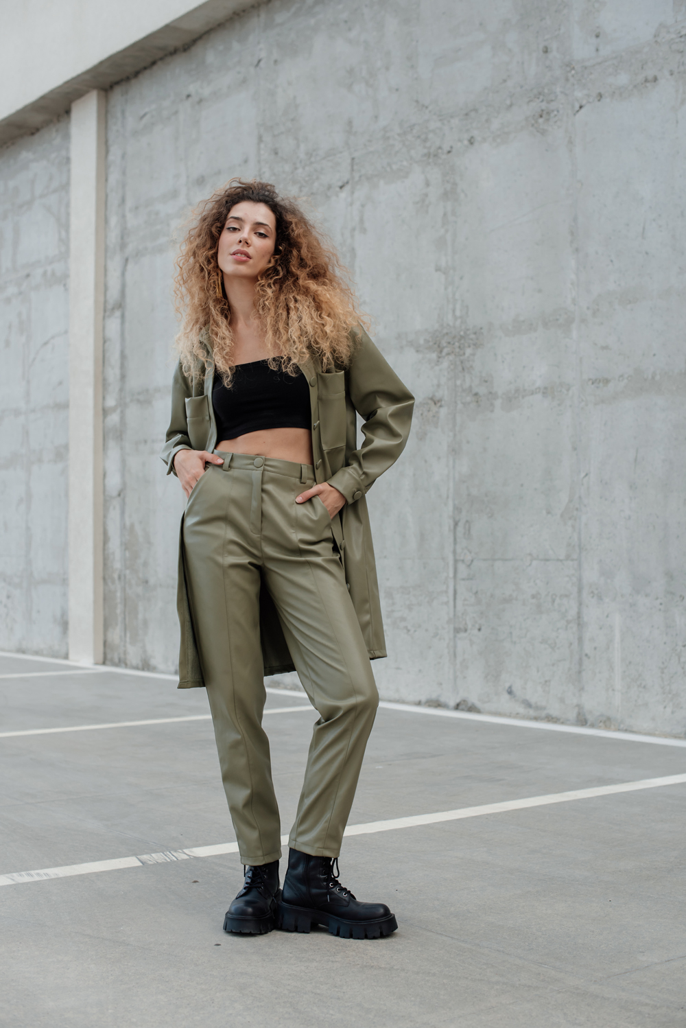 Olive eco leather trousers with arrows