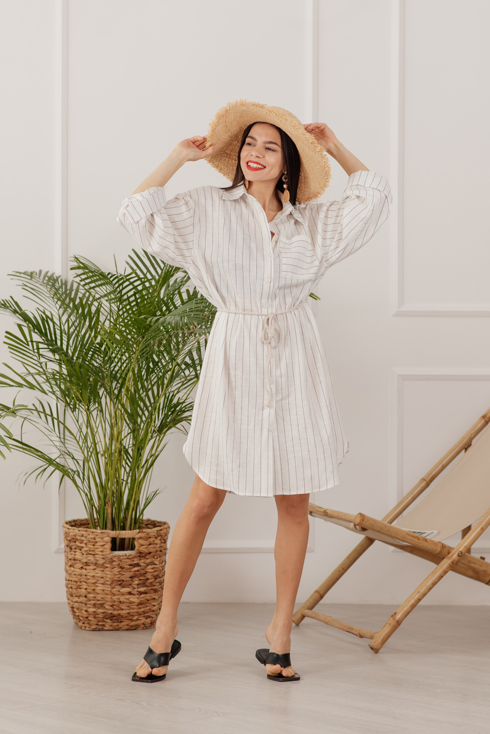 White Belted Striped Shirt-dress