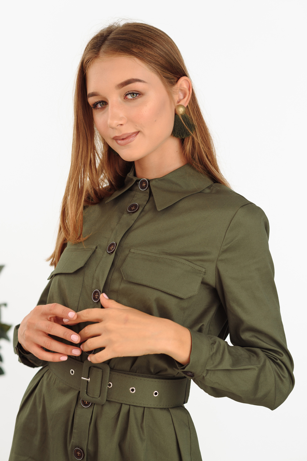 Khaki shirt dress with pockets and belt