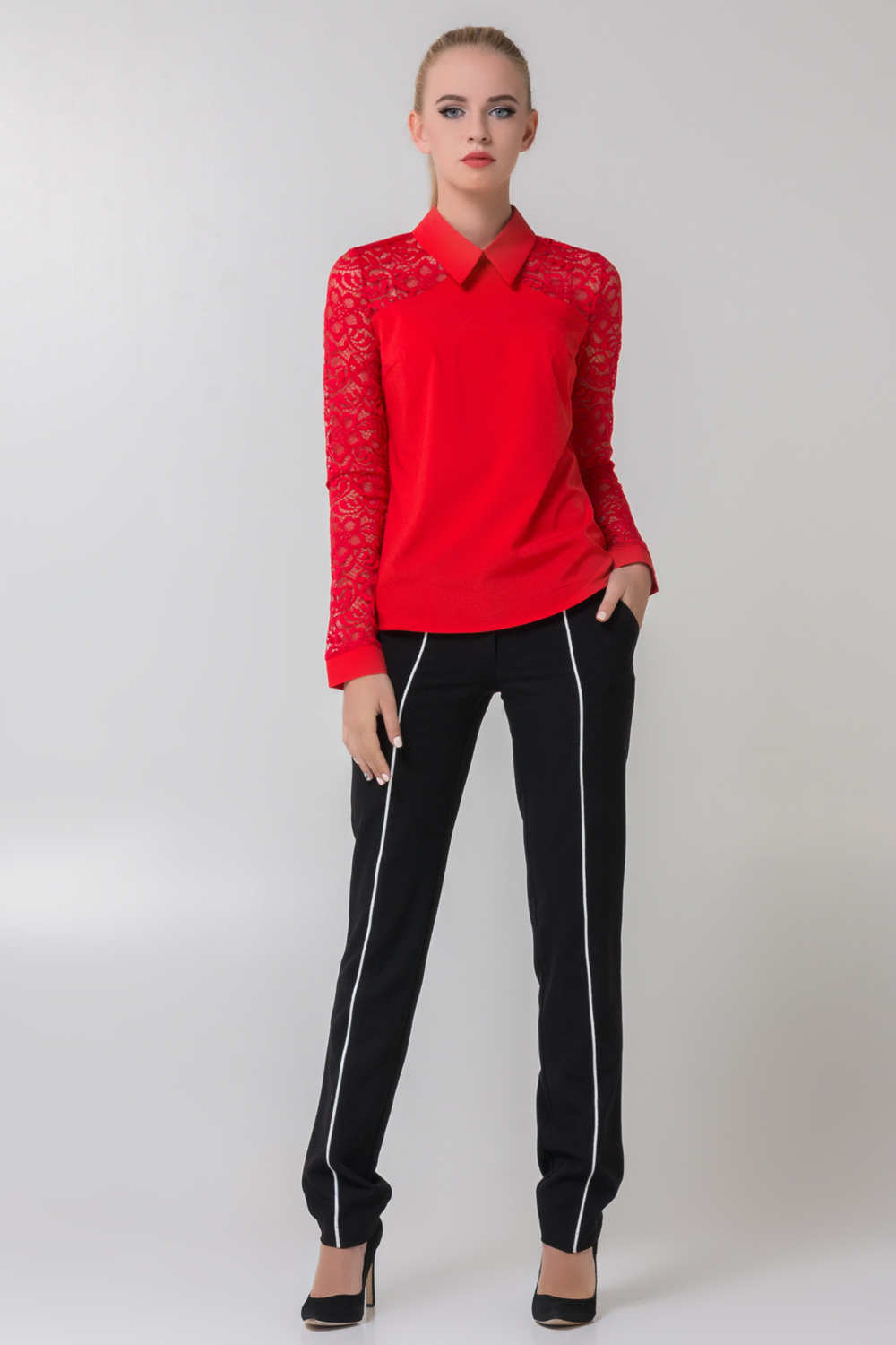 Red blouse with guipure sleeves