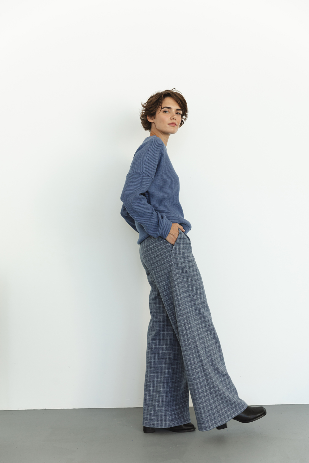 Blue Checked Wide Leg Palazzo Pants