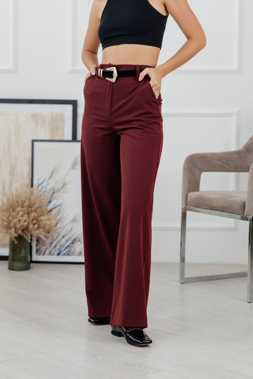 Sangria-coloured placket trousers
