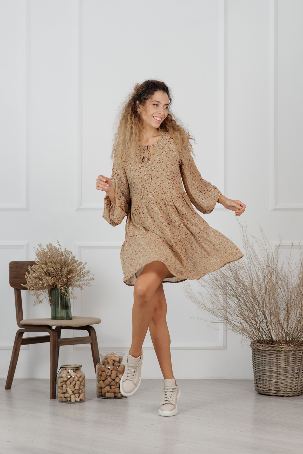 Beige chiffon mini dress