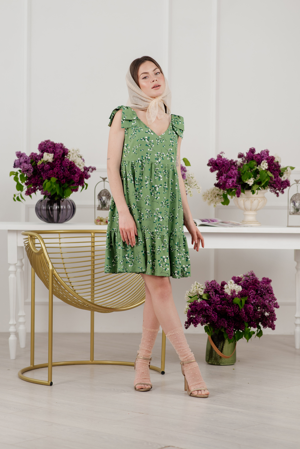 Green V-neck mini dress