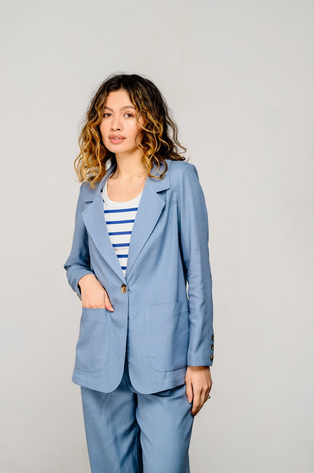 Gray and blue linen straight fit blazer