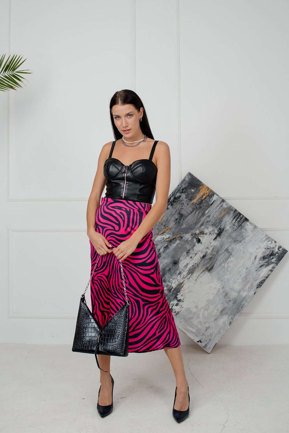 Zebra print silk midi skirt