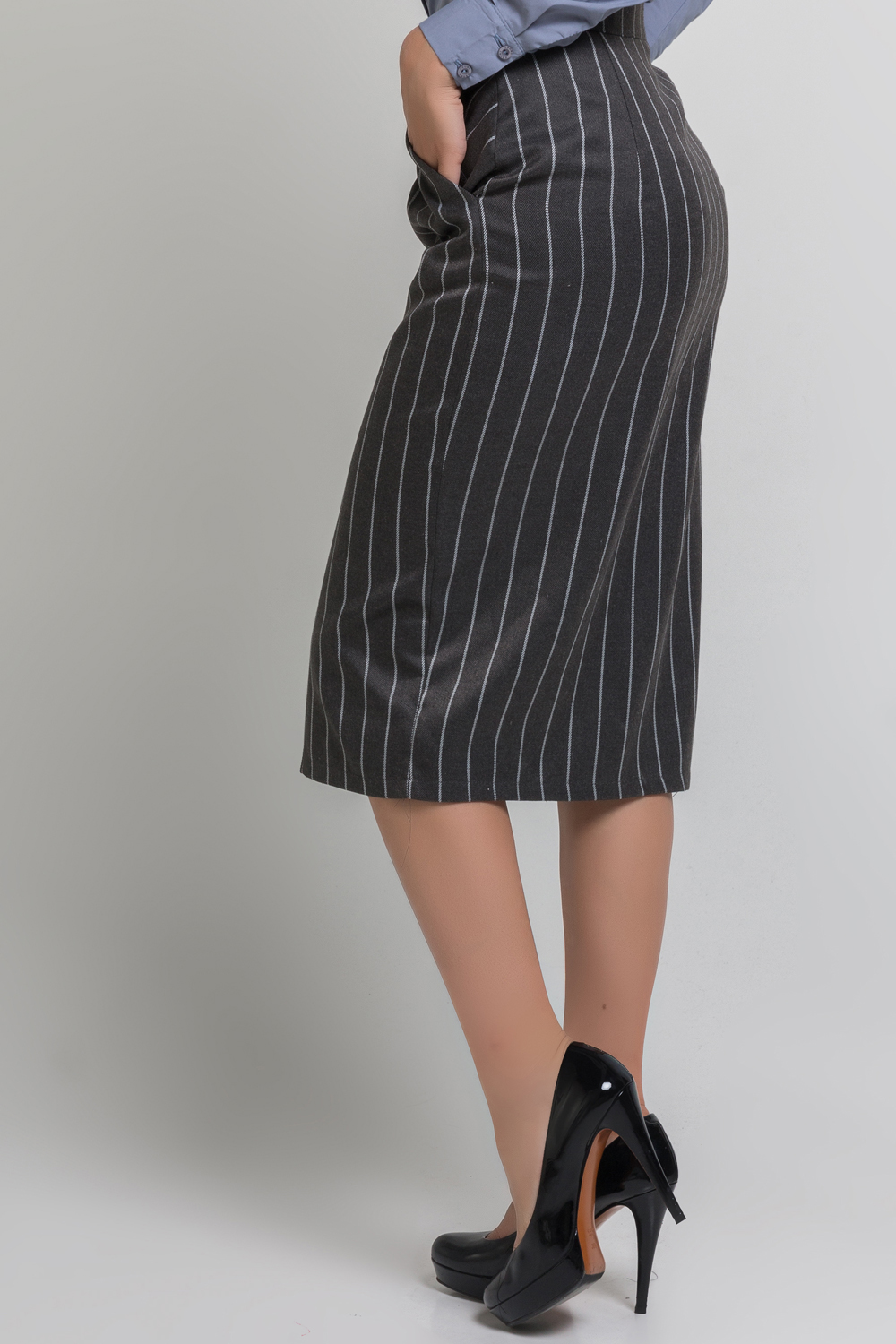 Gray striped midi length skirt.