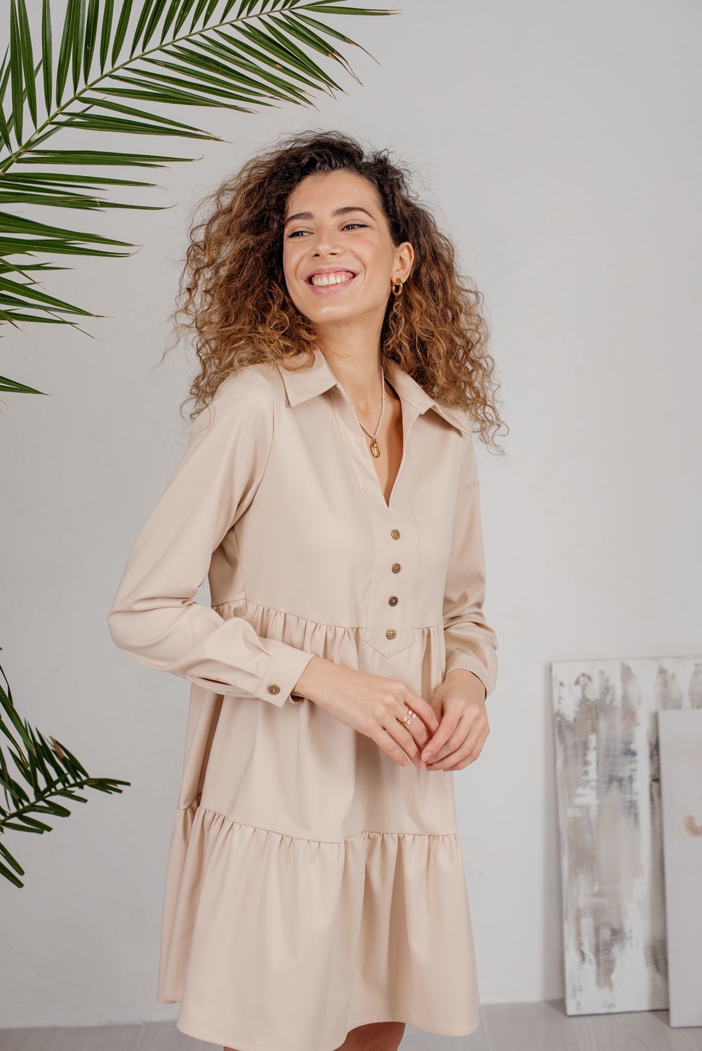 Beige tiered mini dress with buttons