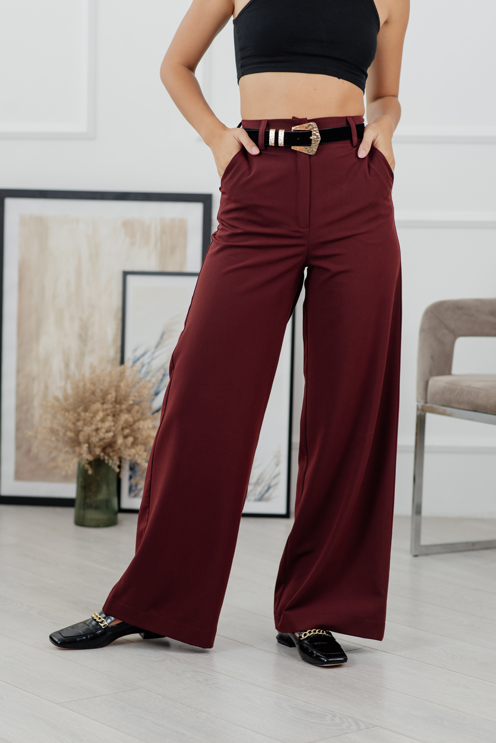 Sangria-coloured placket trousers