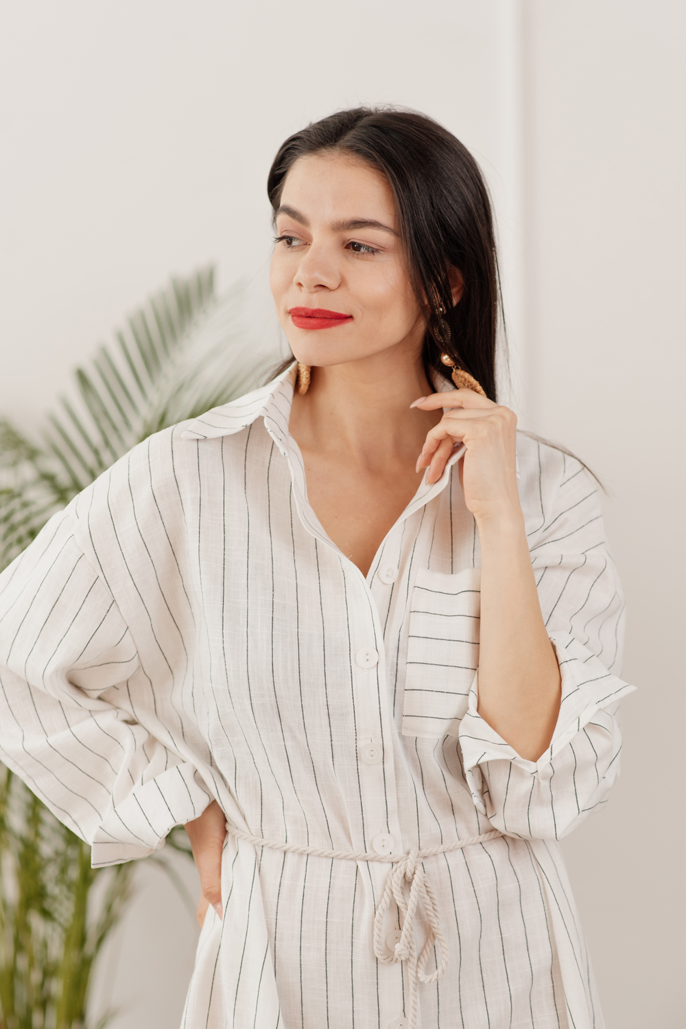 White Belted Striped Shirt-dress