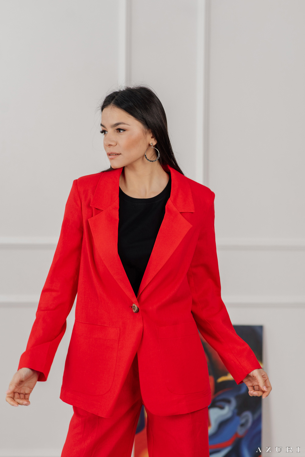 Red linen blazer with button