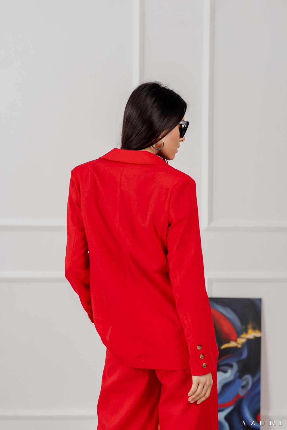 Красный льняной пиджак с пуговицей