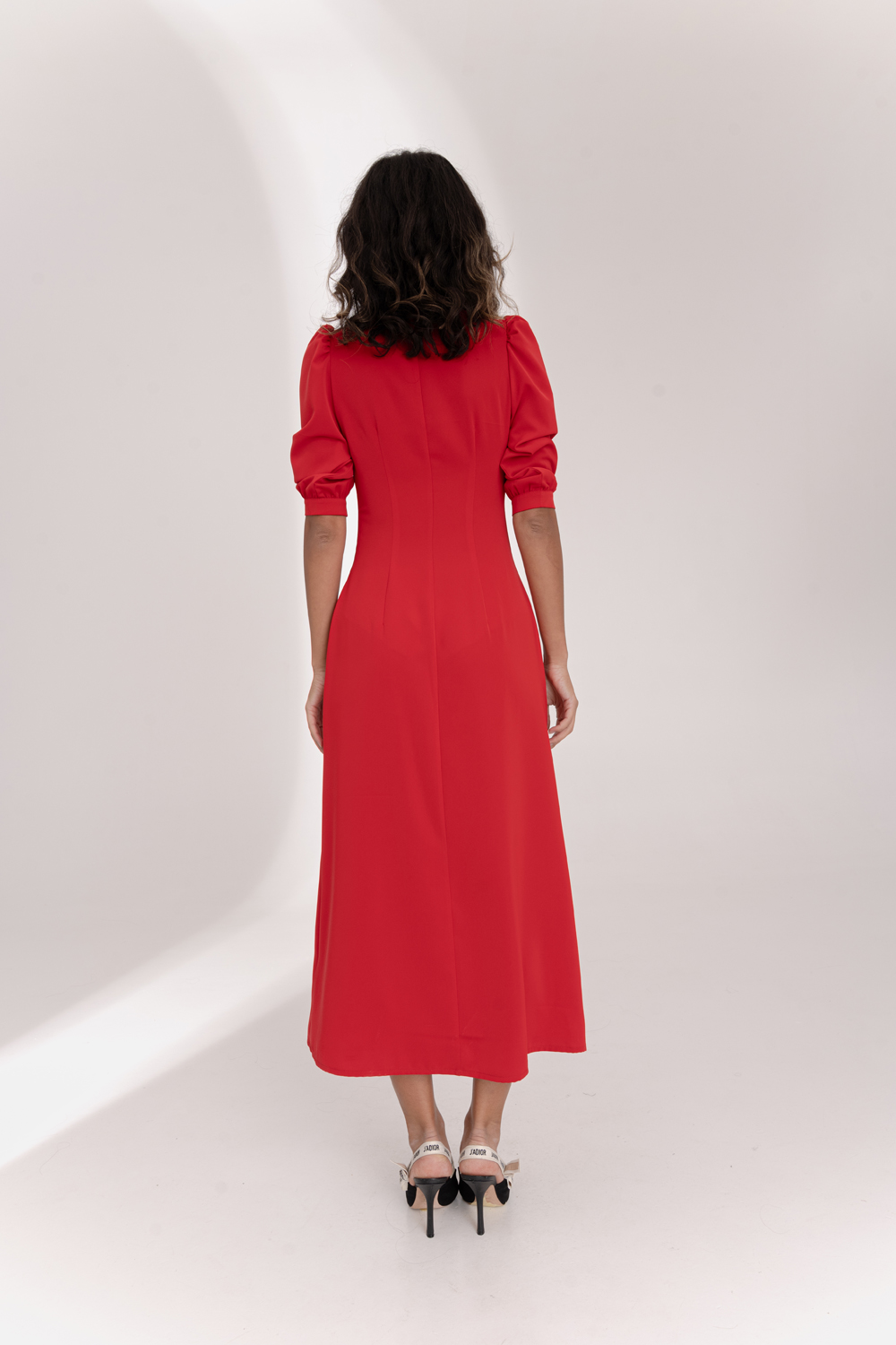 Red flowy dress with ruching at the chest