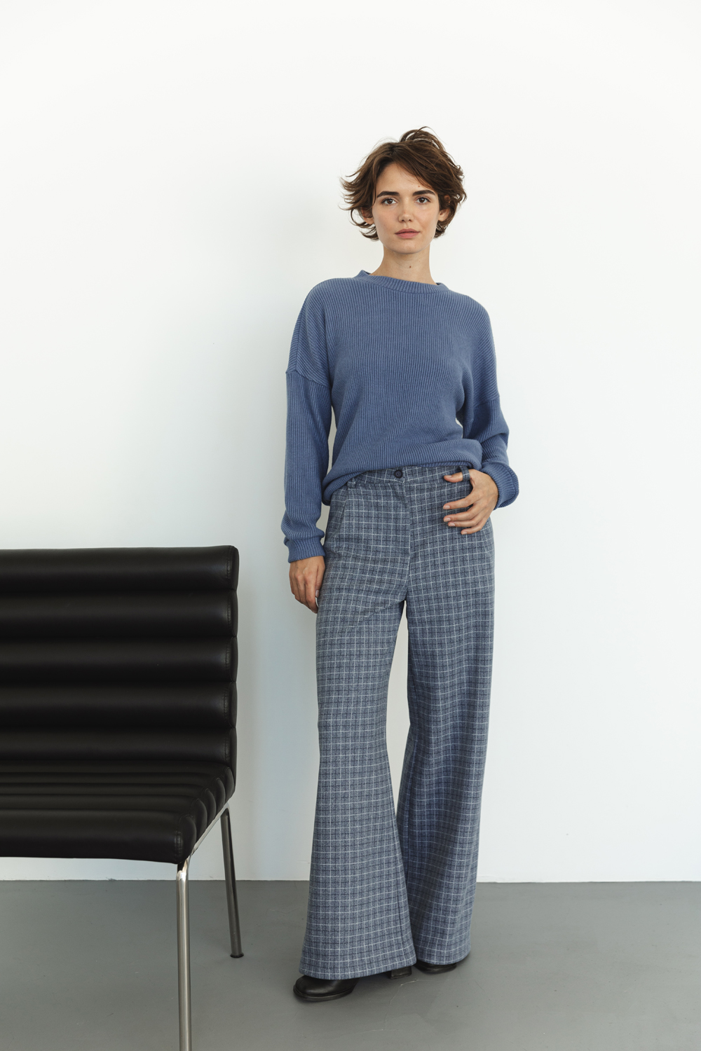 Blue Checked Wide Leg Palazzo Pants