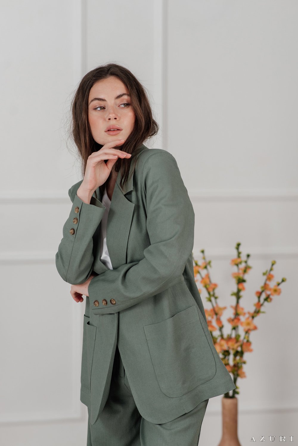 Olive linen blazer with buttons