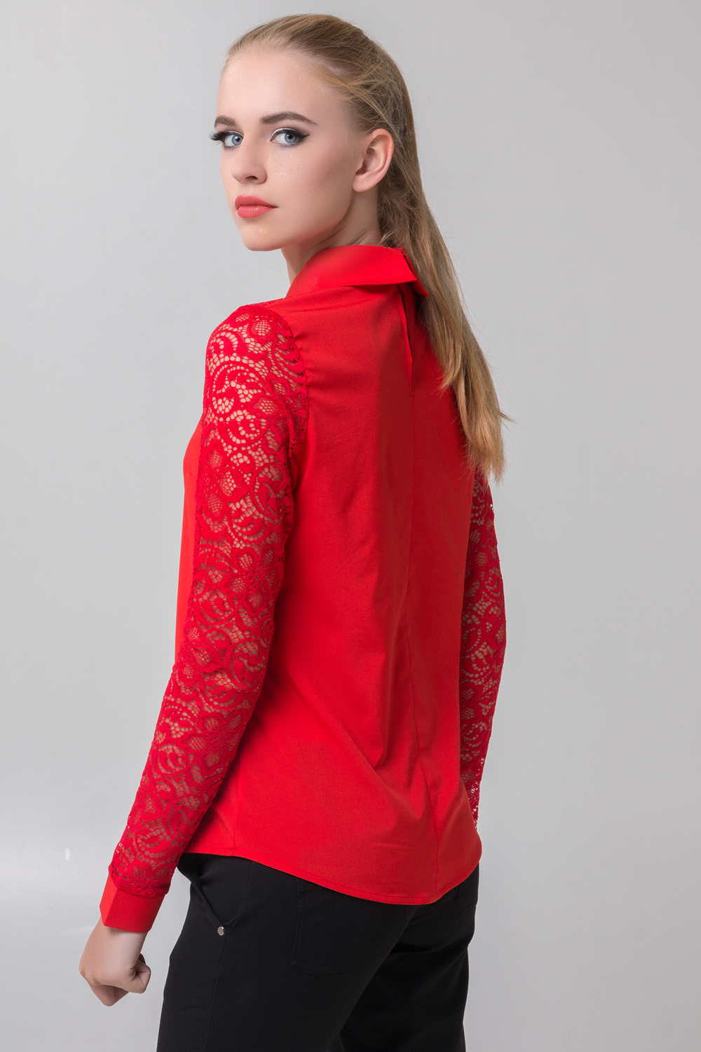 Red blouse with guipure sleeves