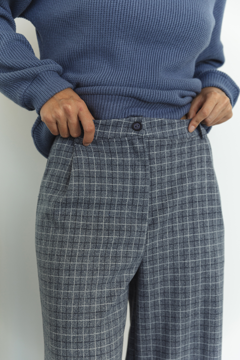 Blue Checked Wide Leg Palazzo Pants