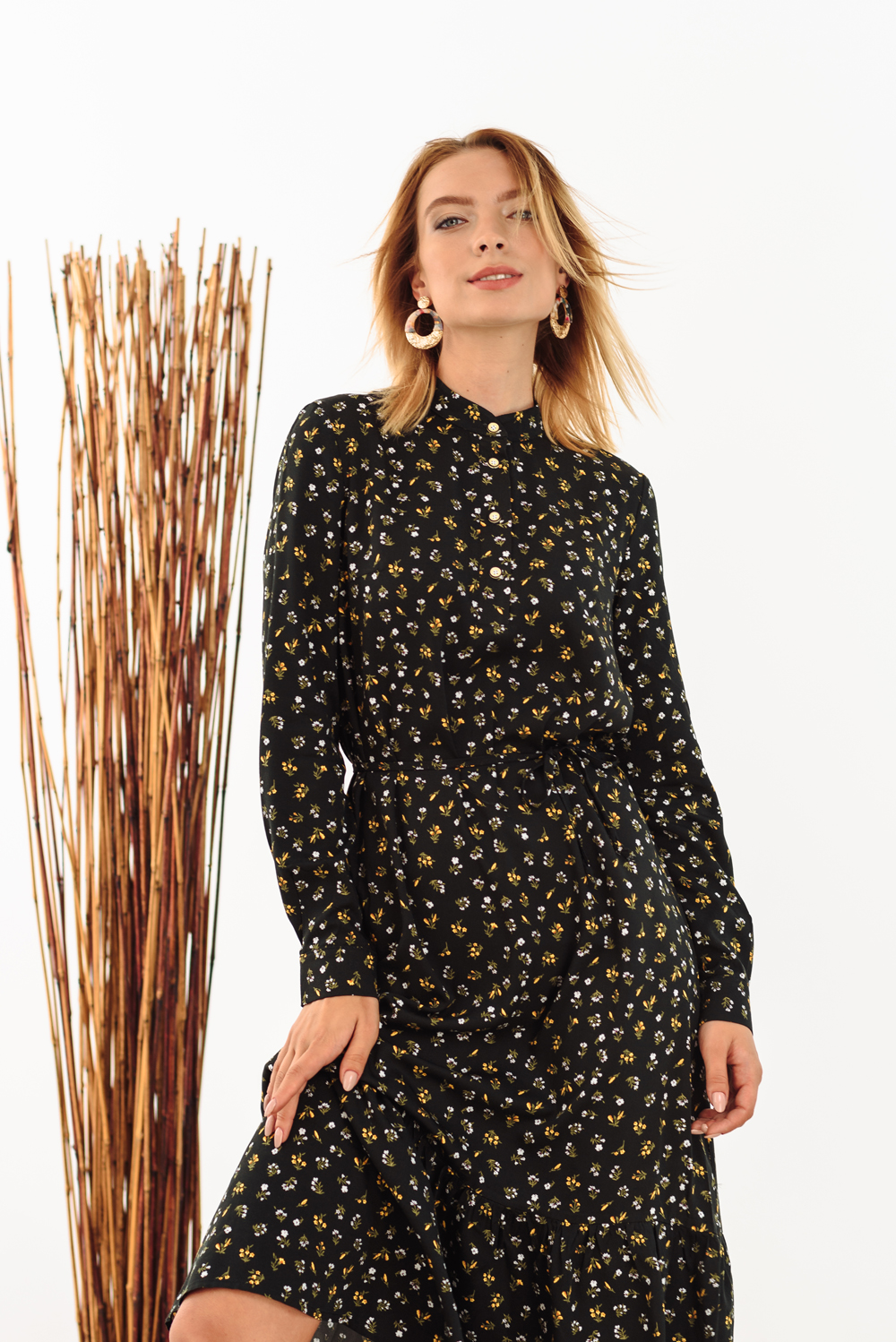 Black long dress in floral print