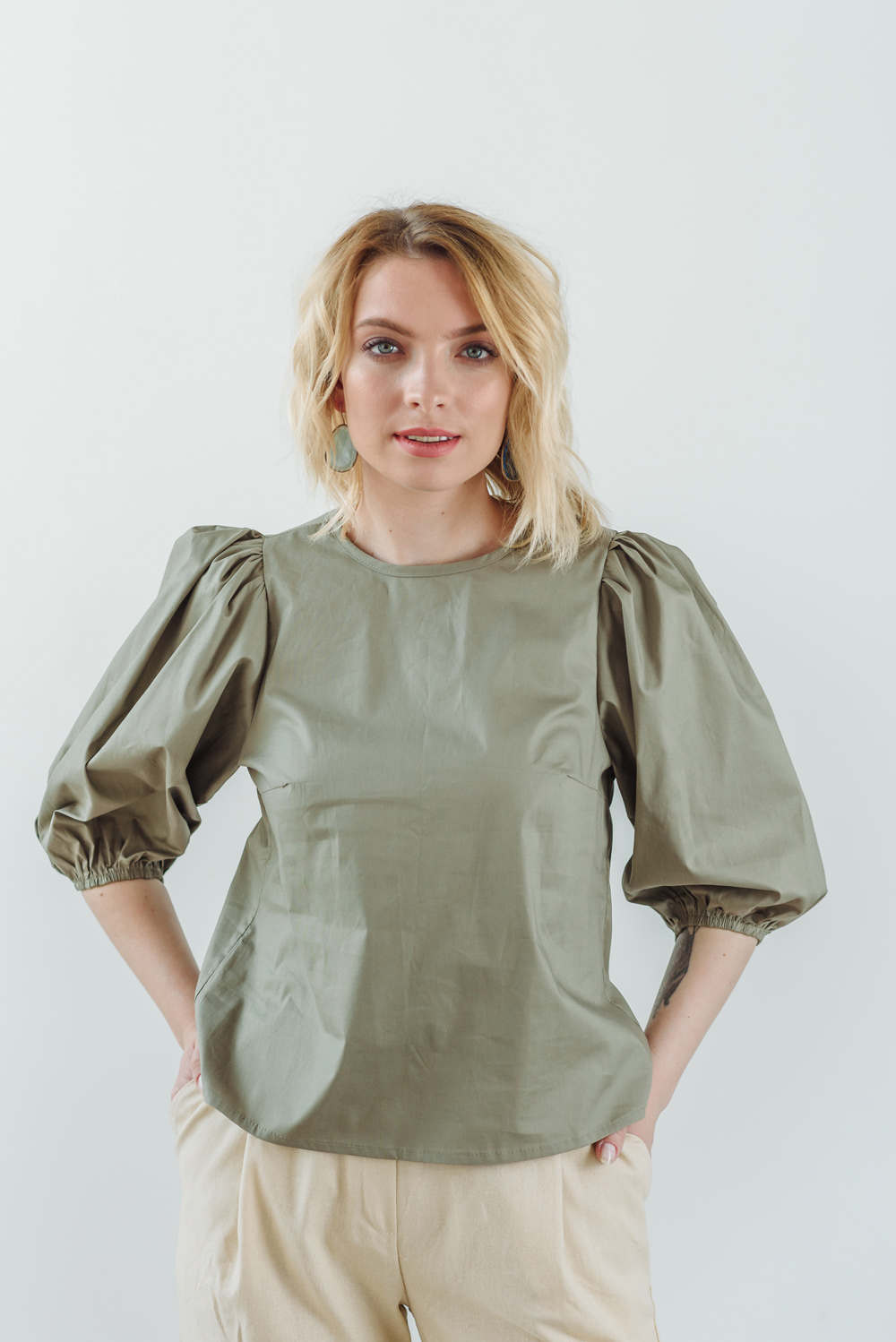 Puff Shoulder Khaki Blouse