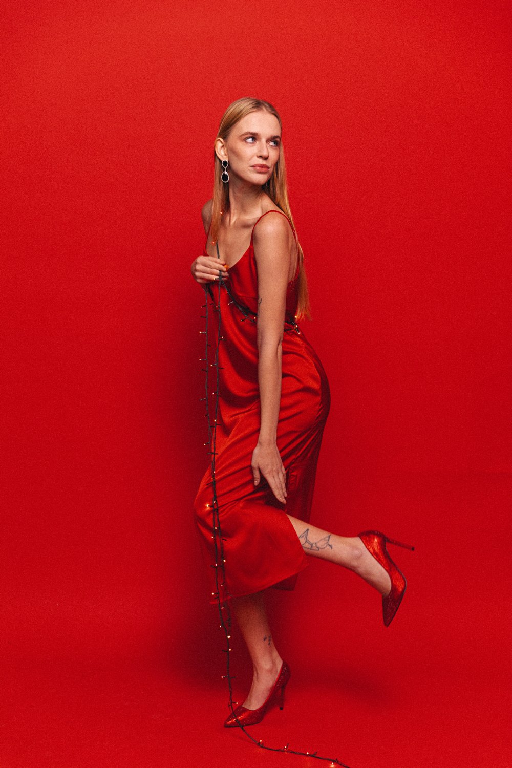 Red Silk Linen Style Midi Dress