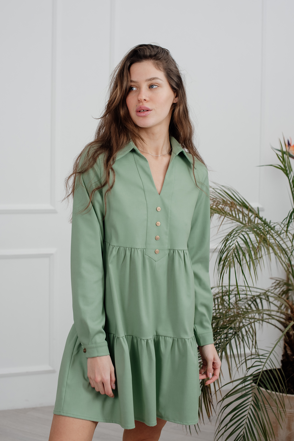 Avocado mini dress with decorative buttons