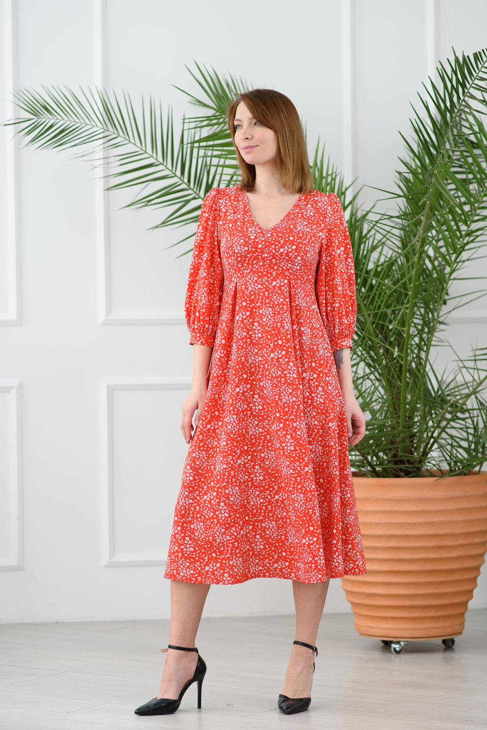 Red long floral print dress