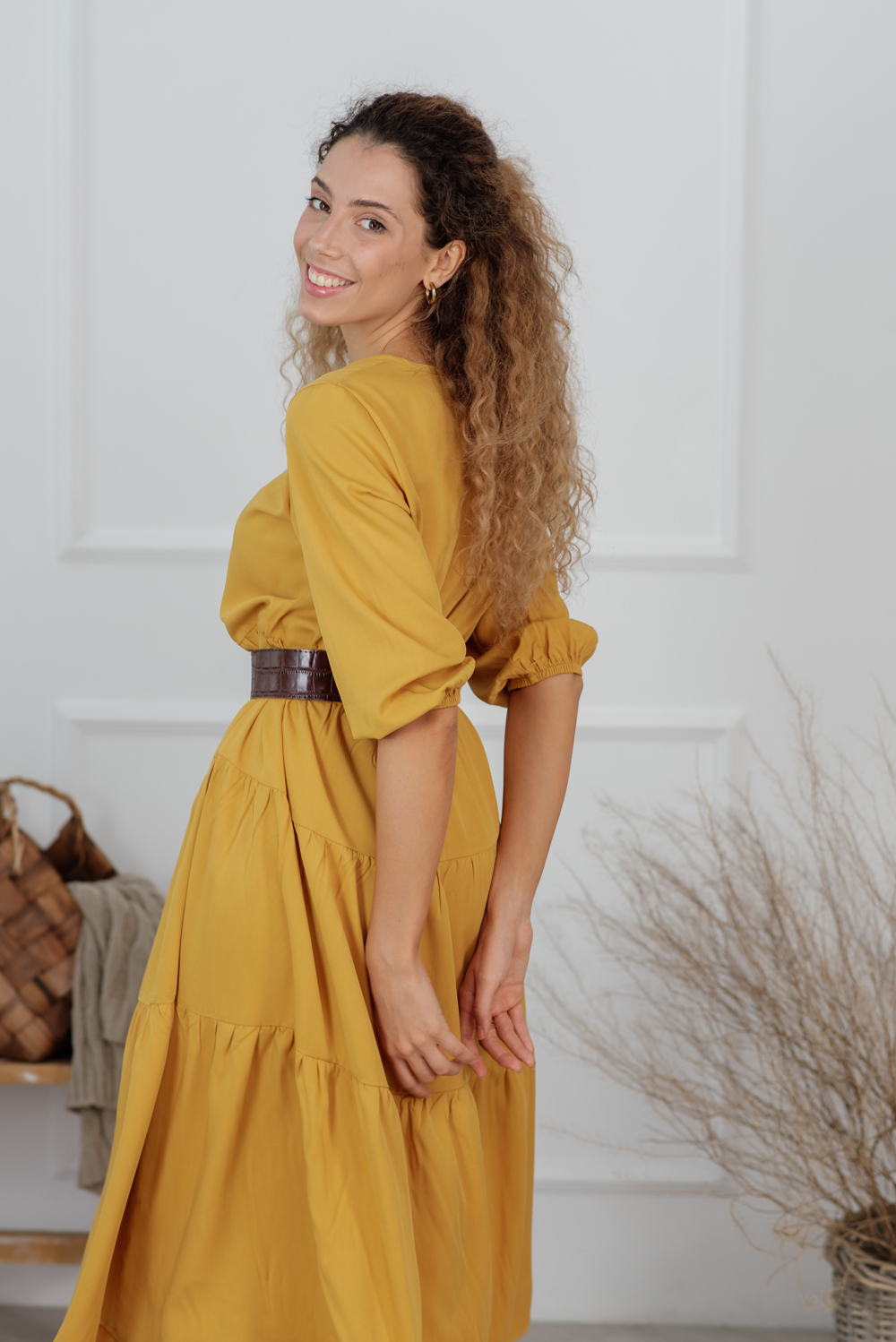 Round Neck Mustard Midi Dress