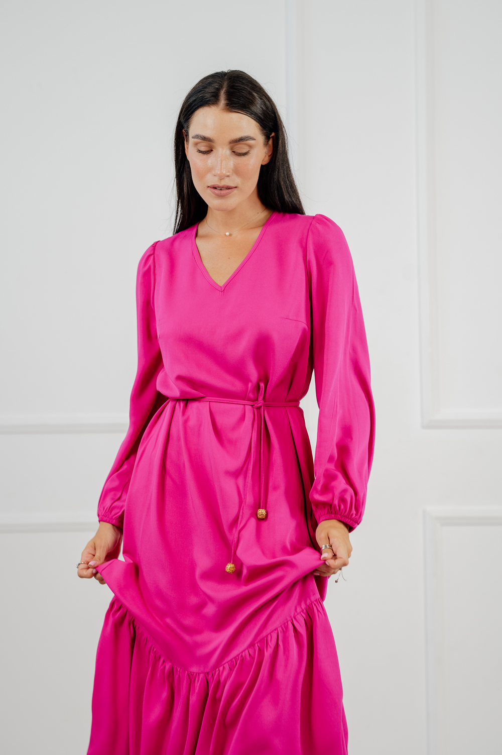 Bright long oversized dress in trendy fuchsia.