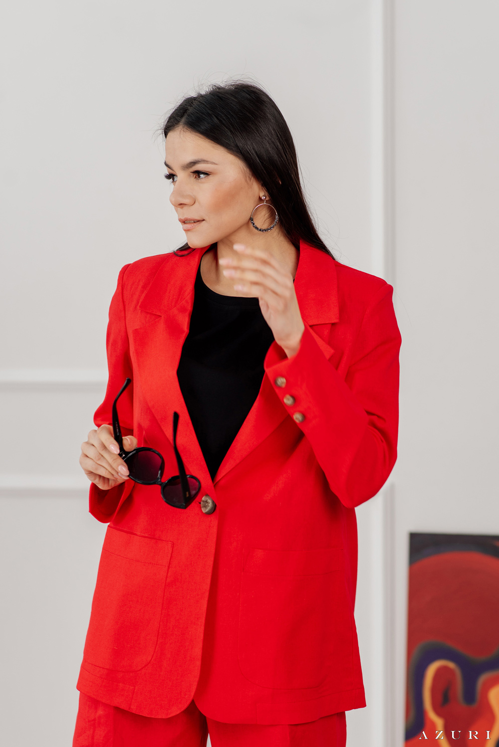 Red linen blazer with button