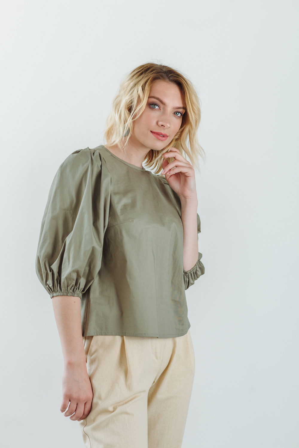 Puff Shoulder Khaki Blouse