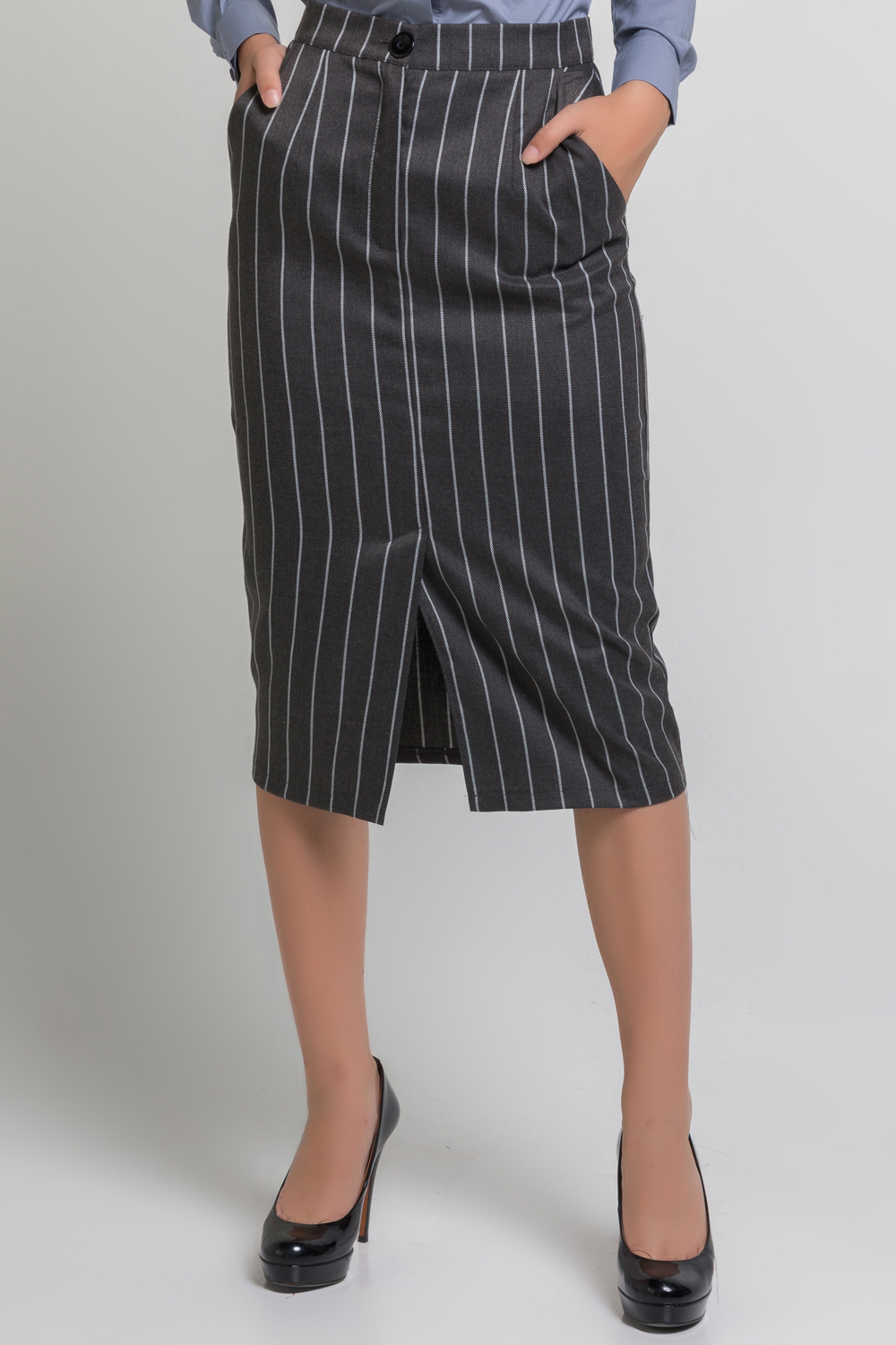 Gray striped midi length skirt.