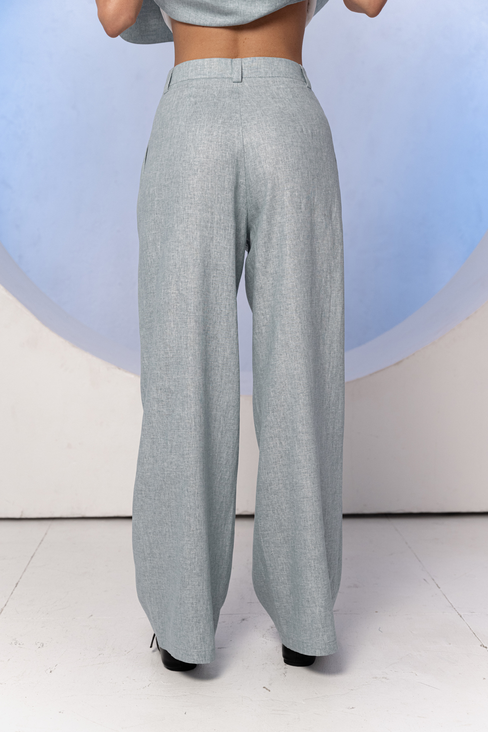 Gray-blue wide linen trousers with a belt