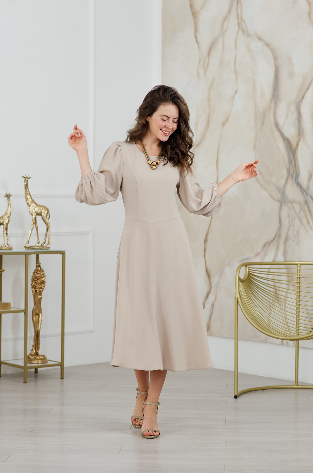 Beige midi dress with flared skirt