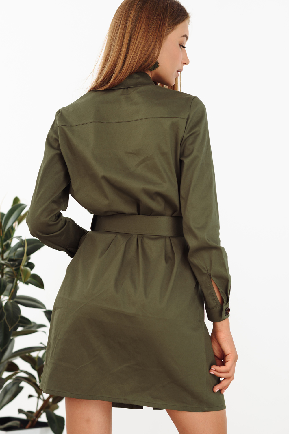 Khaki shirt dress with pockets and belt